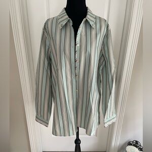 Tommy Bahama Women's Button Down Shirt - Mint and Gray Stripes 75% silk NWOT